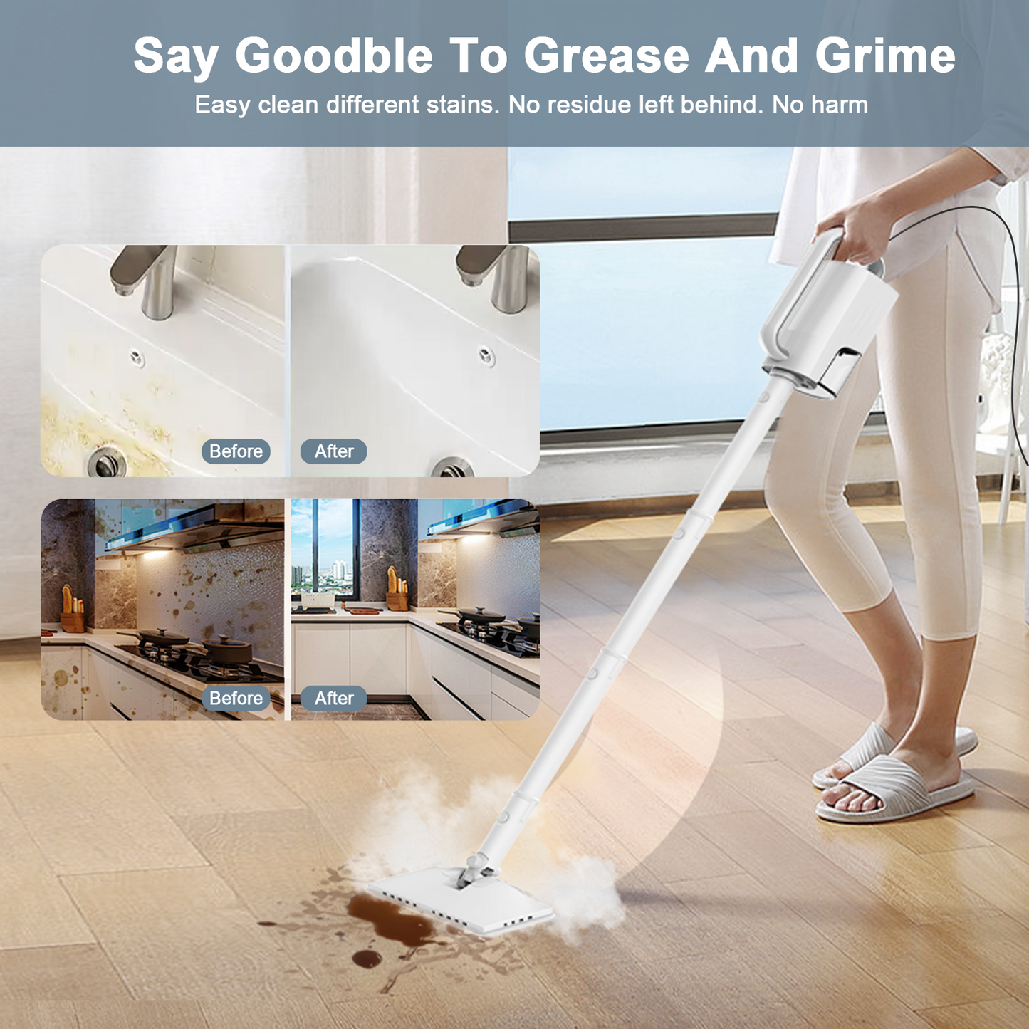 Steam Mop Cleaner, 6-in-1 Rotated Steam Mop Cleaner with 2 Microfiber Pads, Detachable Steam Mops for Hard Floor, Carpet, Tiles Cleaning (White)