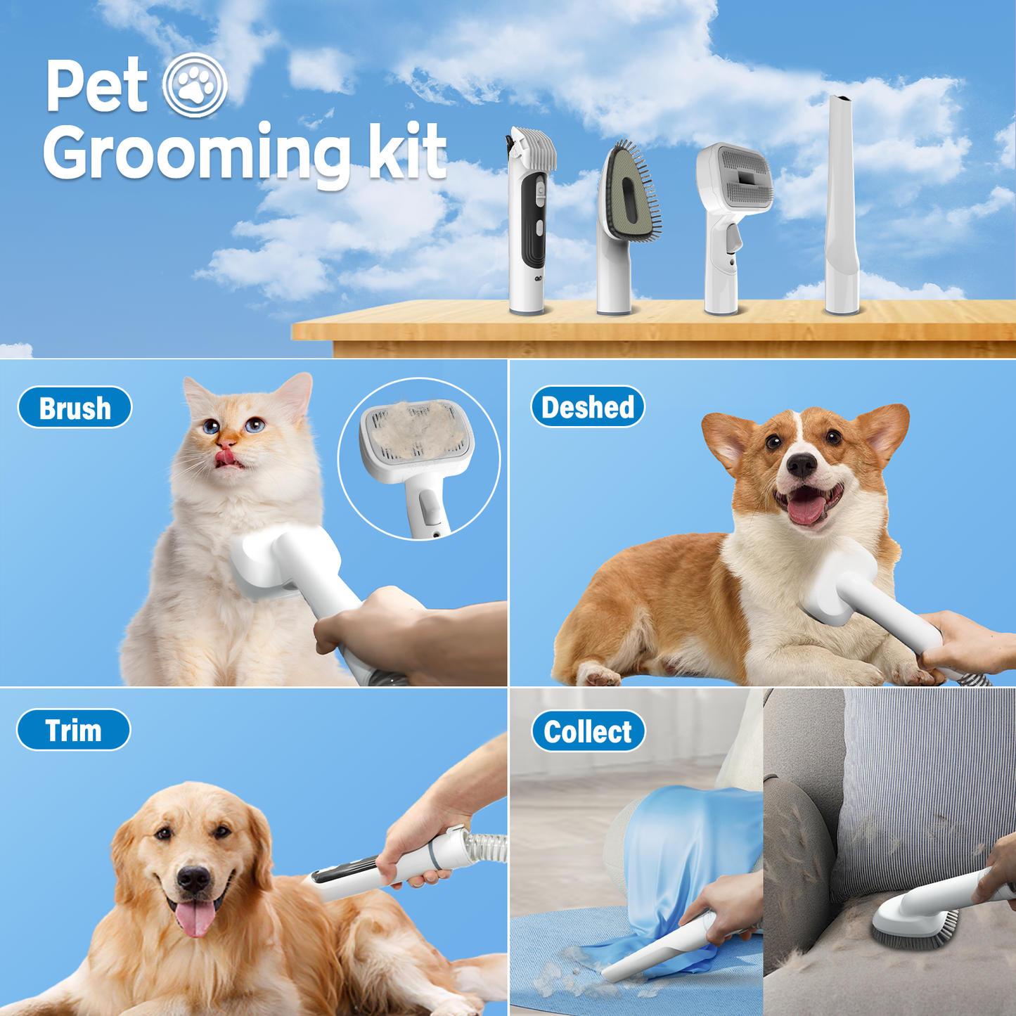 Bossdan Pet Grooming Kit & Vacuum, 12KPa 5 in 1 Dog Groom Kit, 2L Dustbin for Dogs, Cats