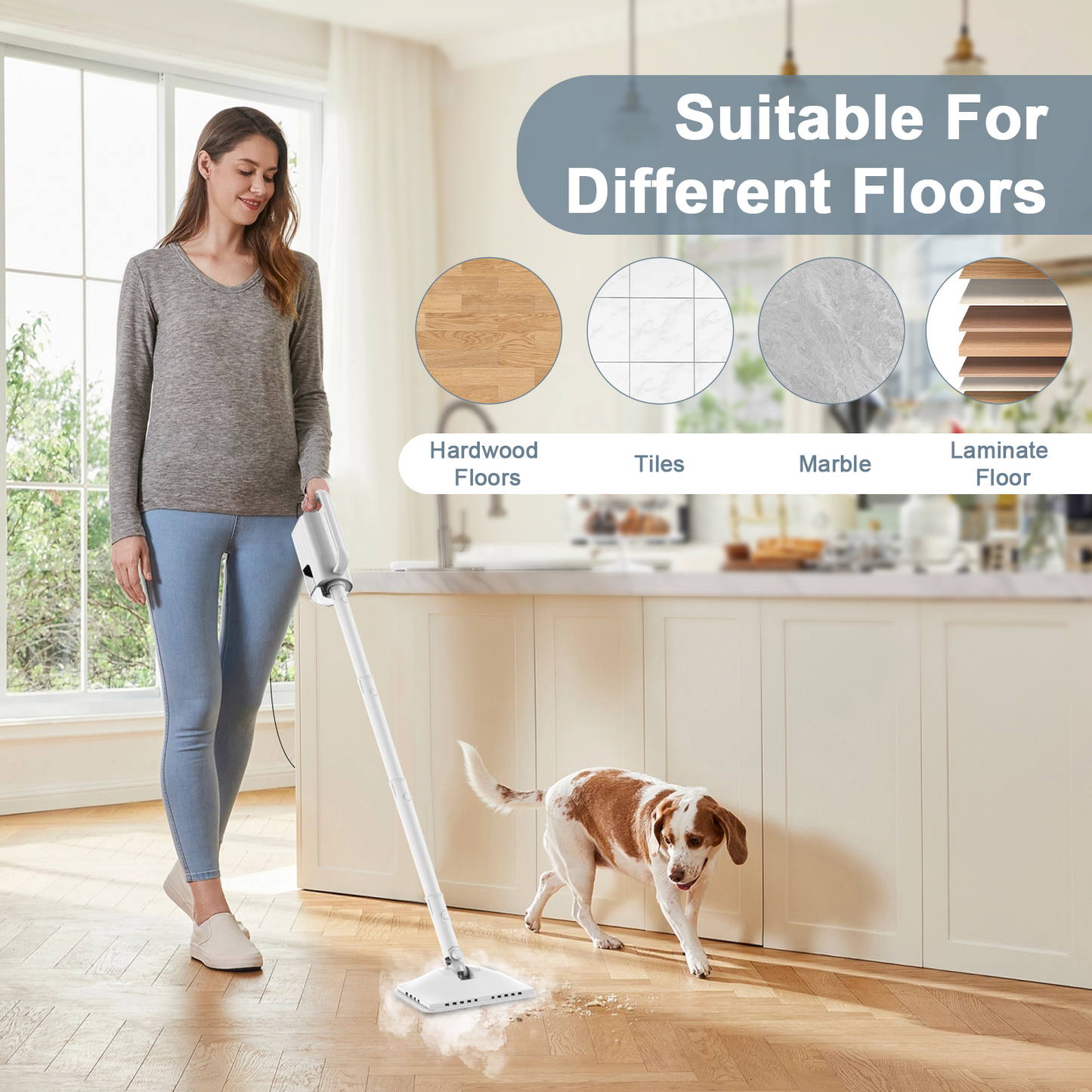 Steam Mop Cleaner, 6-in-1 Rotated Steam Mop Cleaner with 2 Microfiber Pads, Detachable Steam Mops for Hard Floor, Carpet, Tiles Cleaning (White)