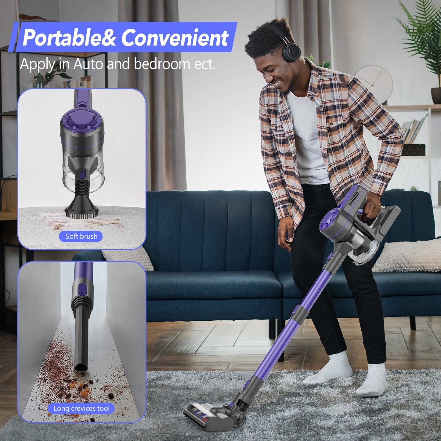 Bossdan Vacuum Cleaner, 4 in 1 Cordless Stick Vacuum Cleaner with Powerful Suction for Hardwood - Purple