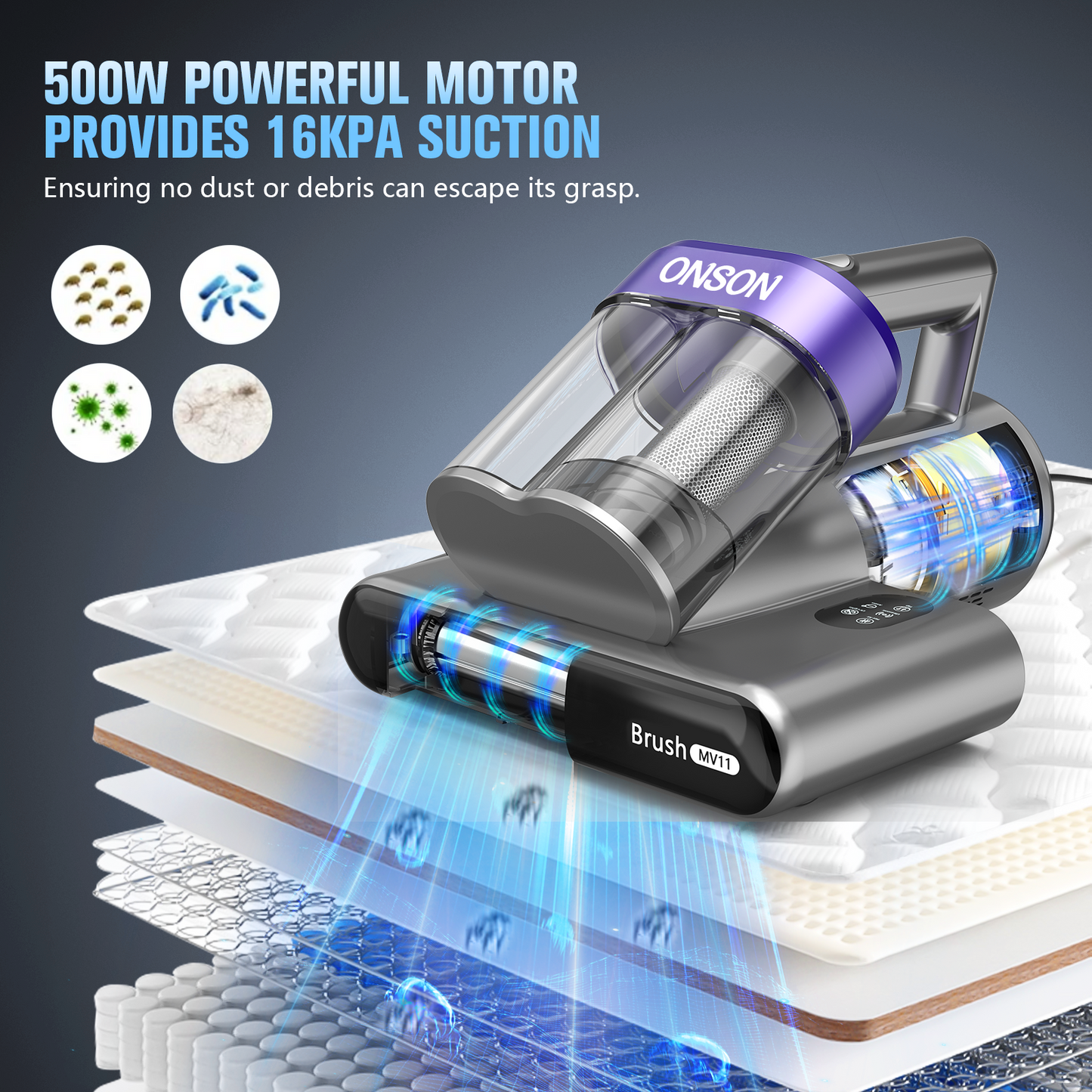 ONSON Mattress Vacuum Cleaner for Bed with UV 16Kpa Suction HEPA Filter 253.7nm UV-C Light 11